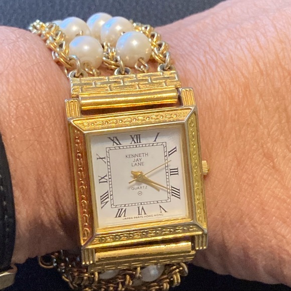 VINTAGE KENNETH J LANE DETACHABLE PEARLS GOLD TONE WATCH - Picture 5 of 5
